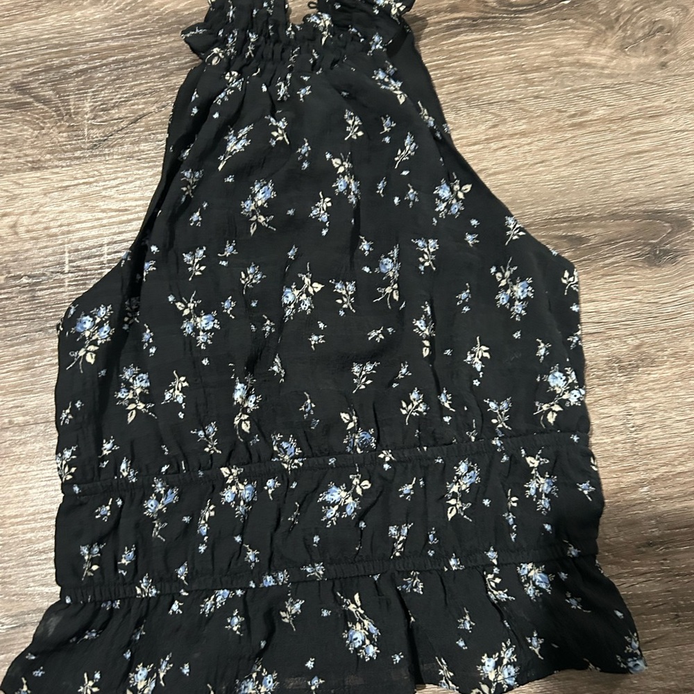 Black Floral Halter Crop Top - Unbranded